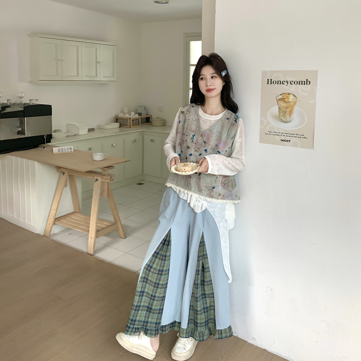 一整套扎染印花马甲格子阔腿裤套装女春季2026新款韩风chic三件套