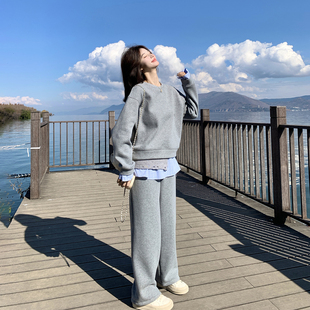 休闲运动松弛感灰色卫衣套装女春季2026新款爆款高级感长裤三件套