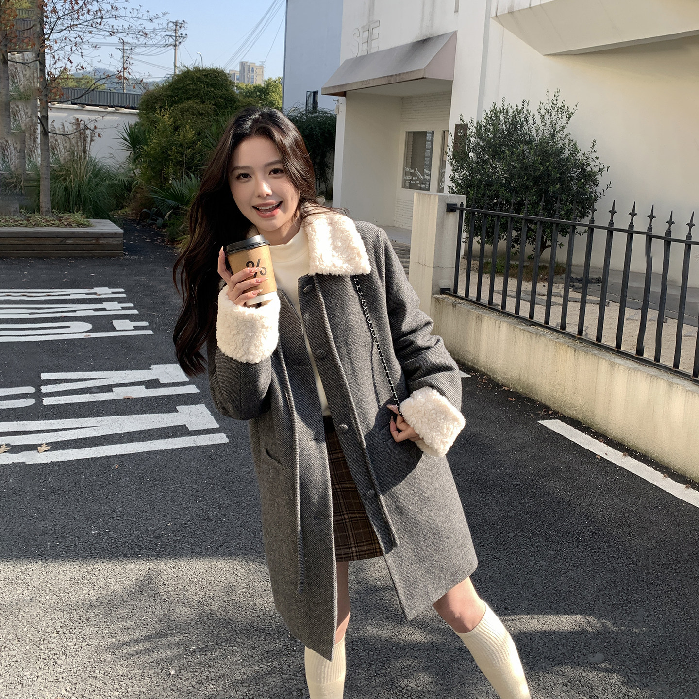 羊毛拼接90白鸭绒灰色羽绒服女冬季2025新款中长款学院风毛呢外套