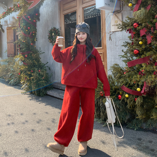 休闲甜美红色加绒加厚套装女冬季2025新款气质毛呢卫衣长裤两件套