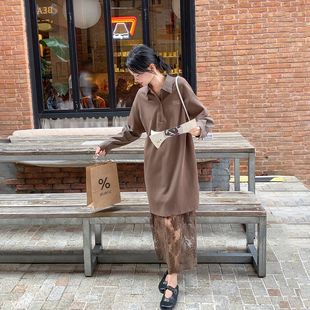 咖啡色格纹拼接连衣裙套装女春季2026新款学院风蕾丝半身裙两件套