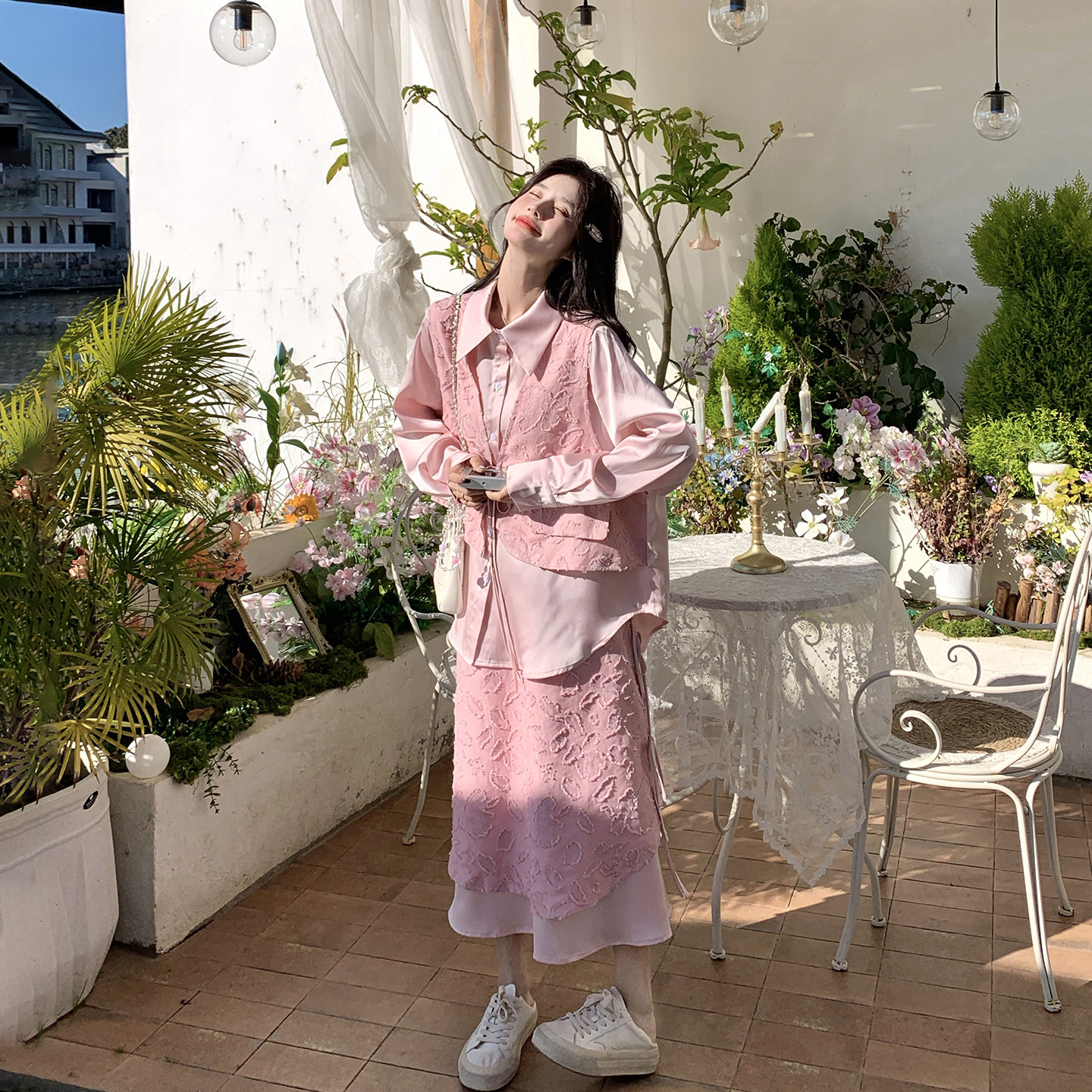 新中式国风拼接提花粉色衬衫套装女春季2026新款甜美半身裙两件套