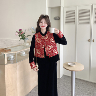 新中式国风刺绣马甲黑色丝绒连衣裙套装女春季2026新款温柔风长裙