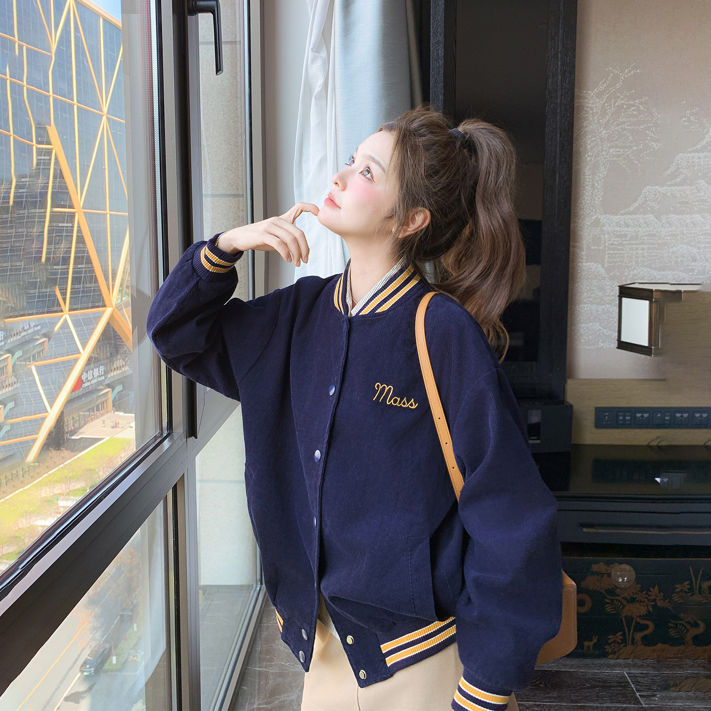 藏青色字母条纹棒球服短款外套女春季2026新款小个子流行爆款夹克