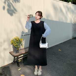 假两件条纹黑色卫衣连衣裙女春季2026新款爆款学院风休闲运动长裙