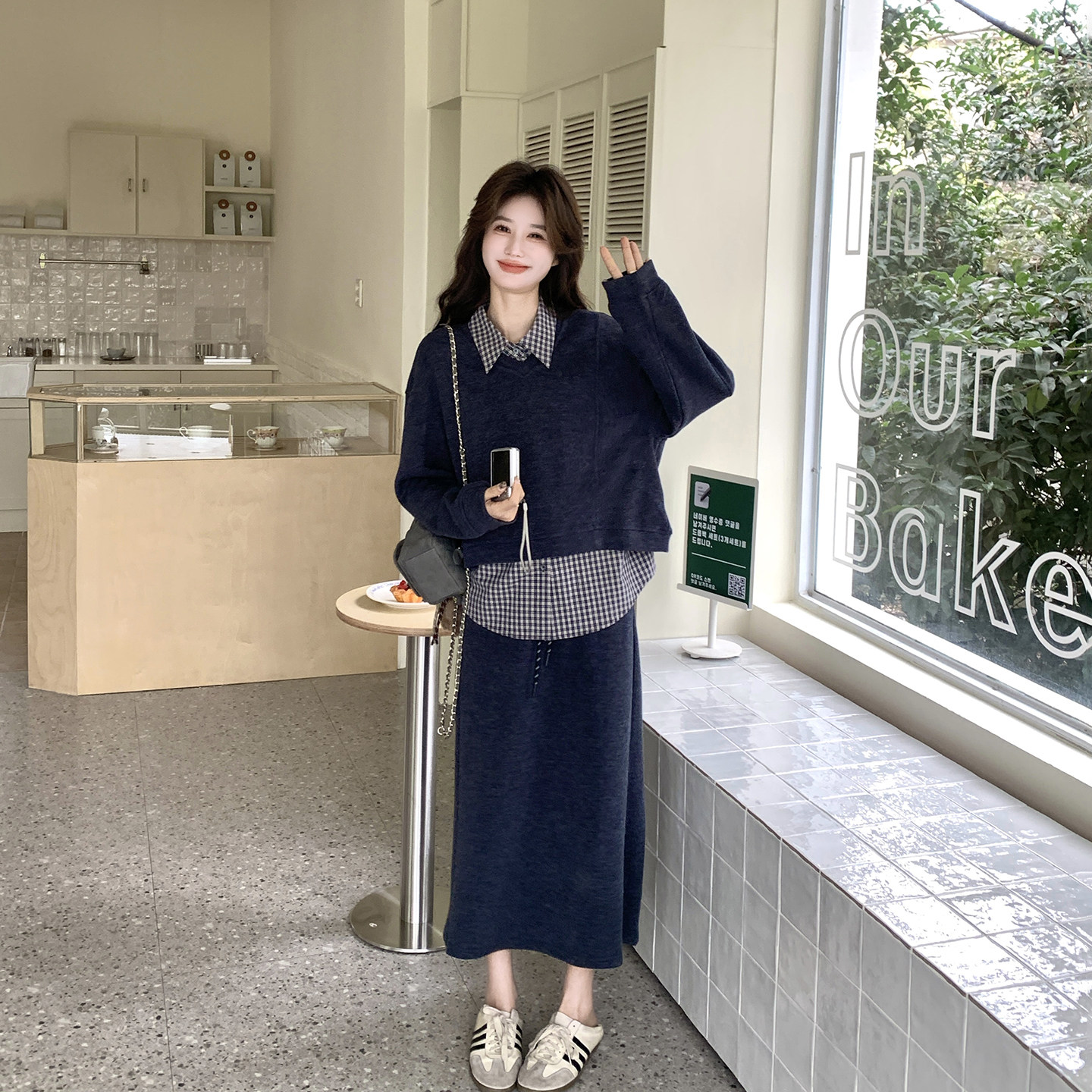 学院藏青色巨好看卫衣半身裙套装