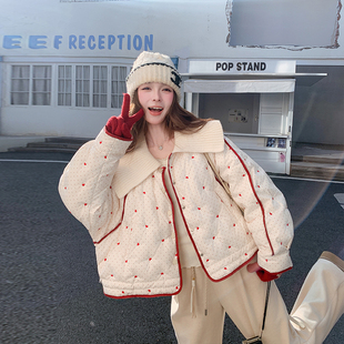俏皮活泼爱心刺绣短款羽绒服女冬季2025新款小个子针织大翻领外套