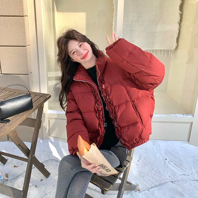 安可拉红花边拼接短款羽绒服女冬