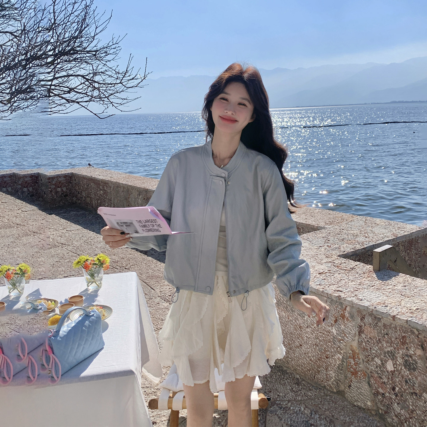 复古减龄甜美蓝色短款皮衣外套女春季2026新款小个子机车服PU夹克
