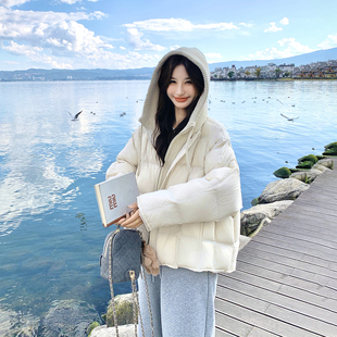 休闲针织连帽米白色90绒羽绒服女冬季2025新款短款小个子百搭外套