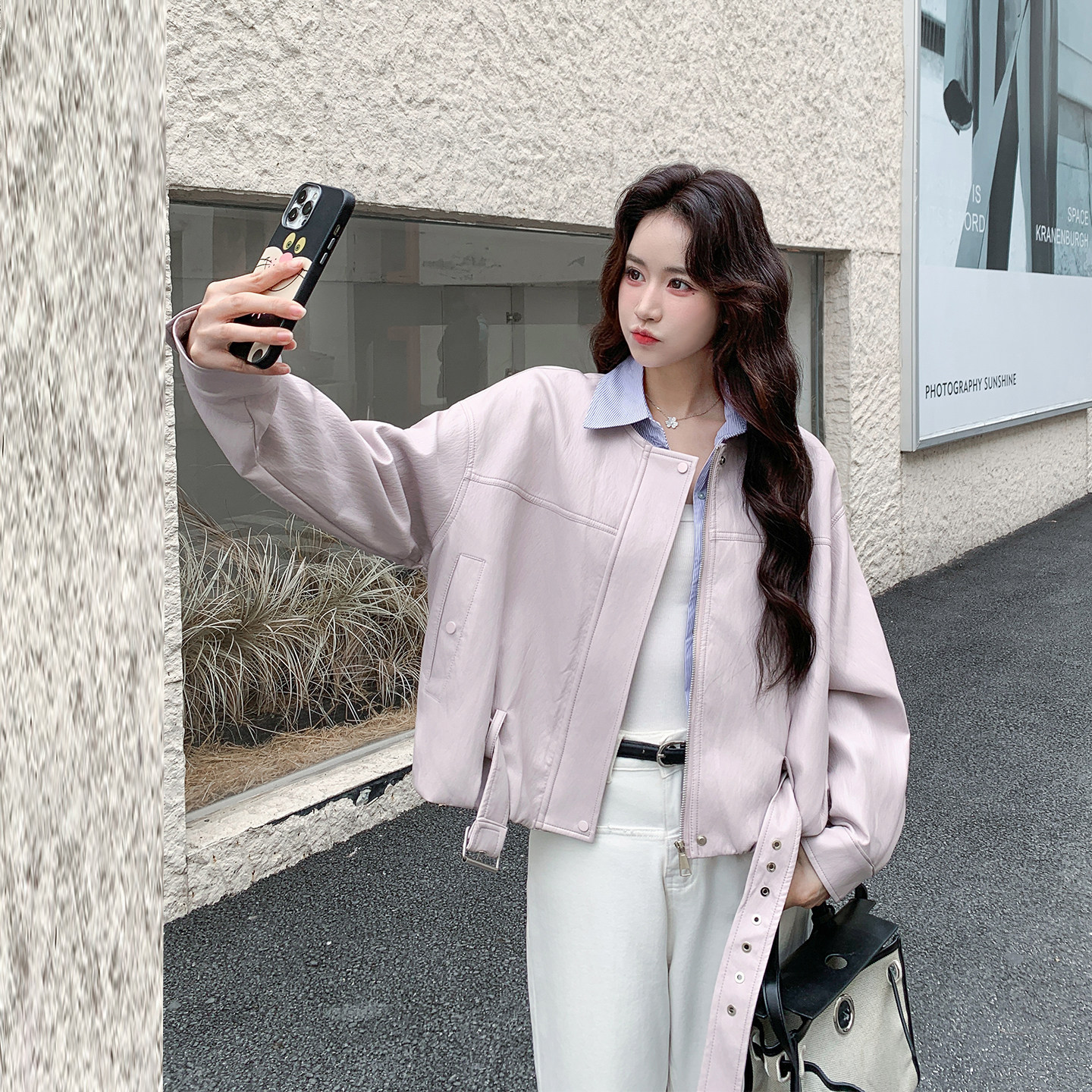 假两件条纹拼接浅紫色皮衣外套女春季2026新款小个子减龄短PU夹克