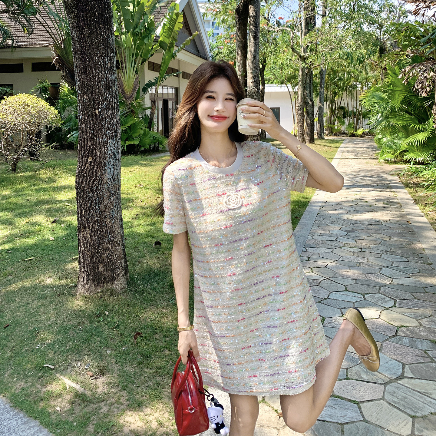 小香风气质法式亮片圆领连衣裙女