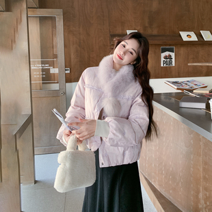 花边拼接刺绣浅紫色羽绒服女冬季2025新款短款小个子独特漂亮外套