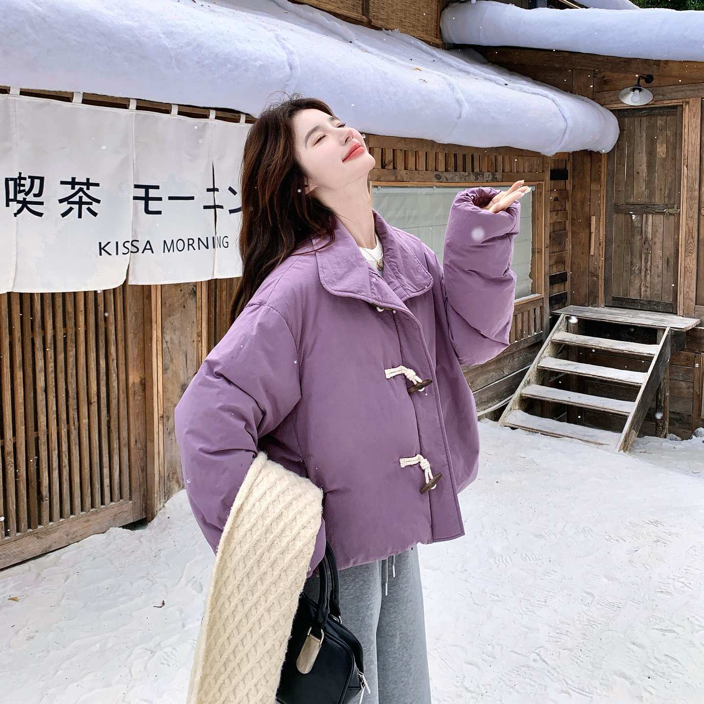 紫色小个子牛角扣复古羽绒服女