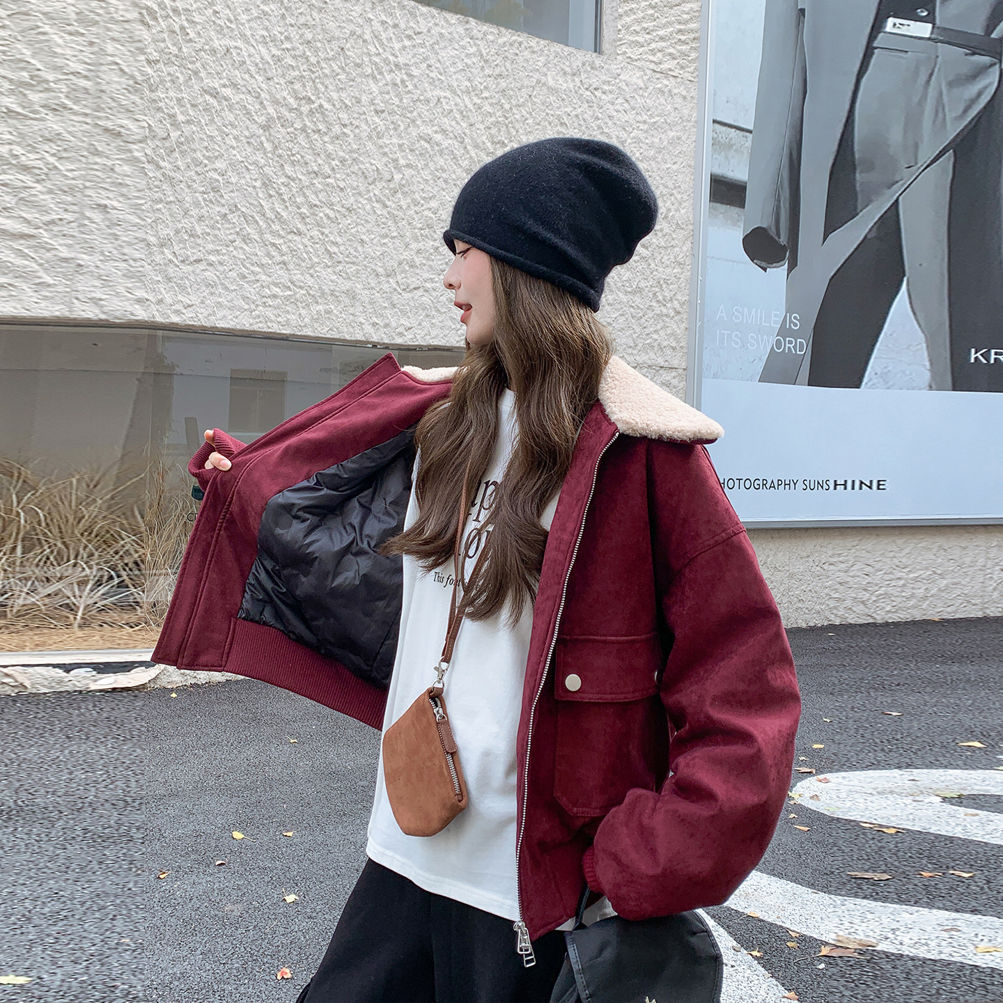 羊羔毛拼接安可拉红羽绒服派克服女冬季2025新款工装小个子短外套