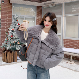 灰色羊羔毛大翻领90绒羽绒服女冬季 休闲复古流行百搭外套 2025新款