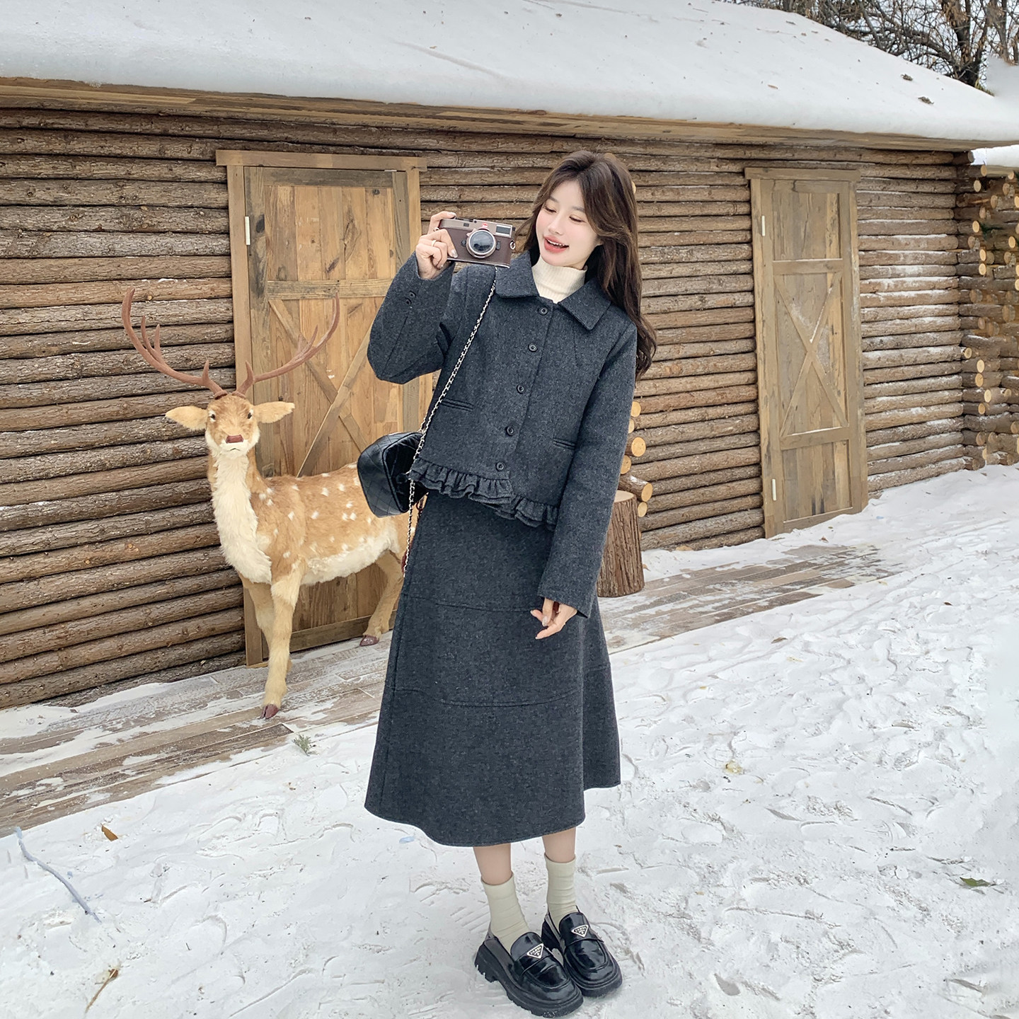 休闲复古90羽绒内胆套装女冬季2025灰色花苞毛呢外套半身裙两件套,女装/女士精品,时尚套装,淘宝优惠券,粉丝福利购,淘宝优惠卷