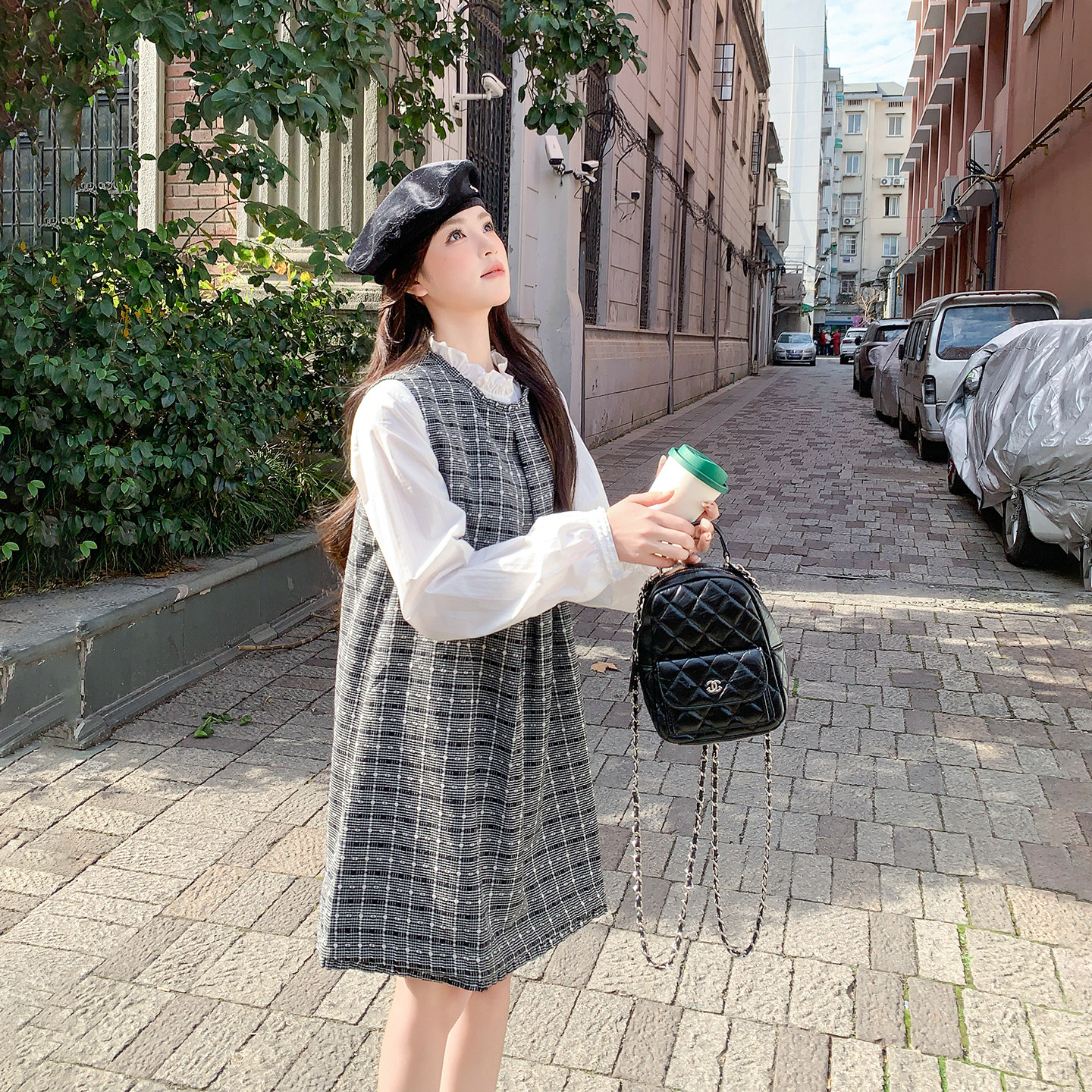 俏皮减龄格子背心连衣裙套装女春季2026新款小个子花边衬衫两件套