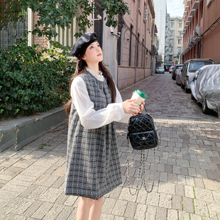 俏皮减龄格子背心连衣裙套装女春季2026新款小个子花边衬衫两件套