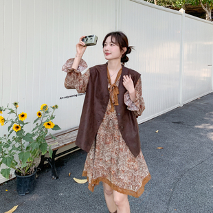 美拉德独特漂亮印花连衣裙套装女春季2026新款小个子巨好看两件套