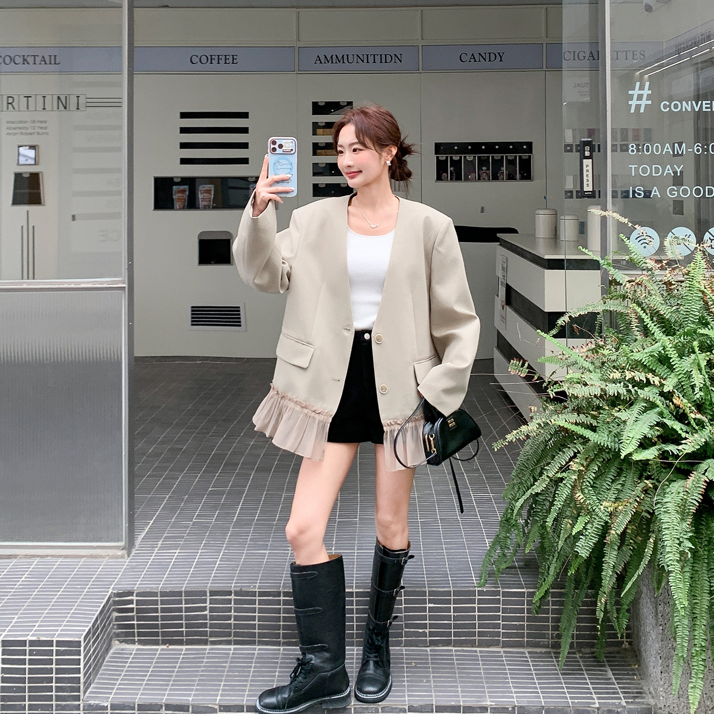 韩系宽松网纱拼接V领西装外套女