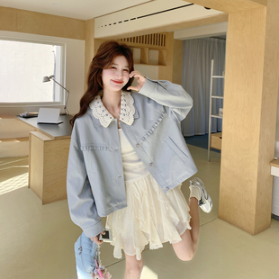 勾花翻领花边蓝色皮衣外套女春季2026新款甜美少女感小个子短夹克