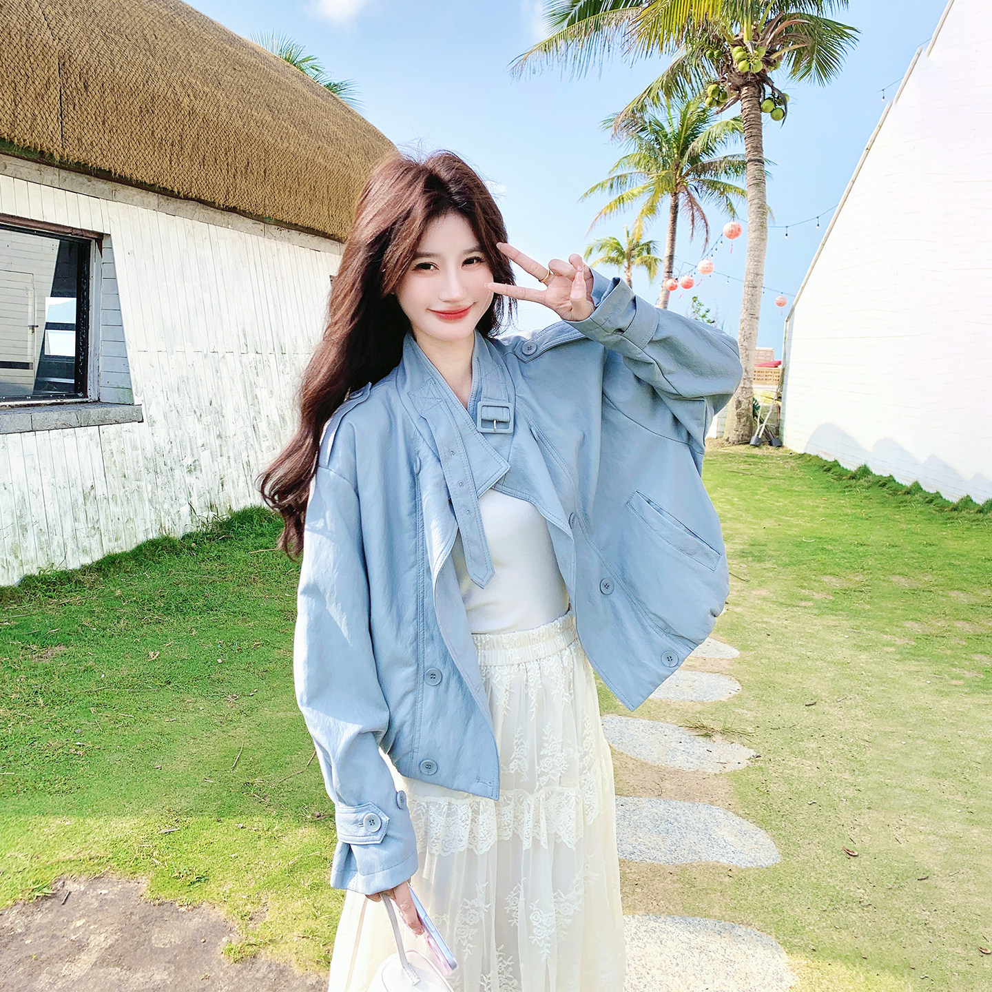 韩系炸街蓝色机车服短PU皮外套女春季2026新款小个子复古百搭夹克