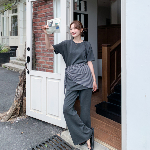 条纹披肩灰色T恤阔腿裤套装女夏