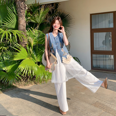 刺绣花边牛仔马甲套装女夏季2026