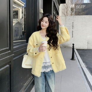 黄色流苏轻奢小香风V领外套女春季2026新款巨好看减龄千金风夹克