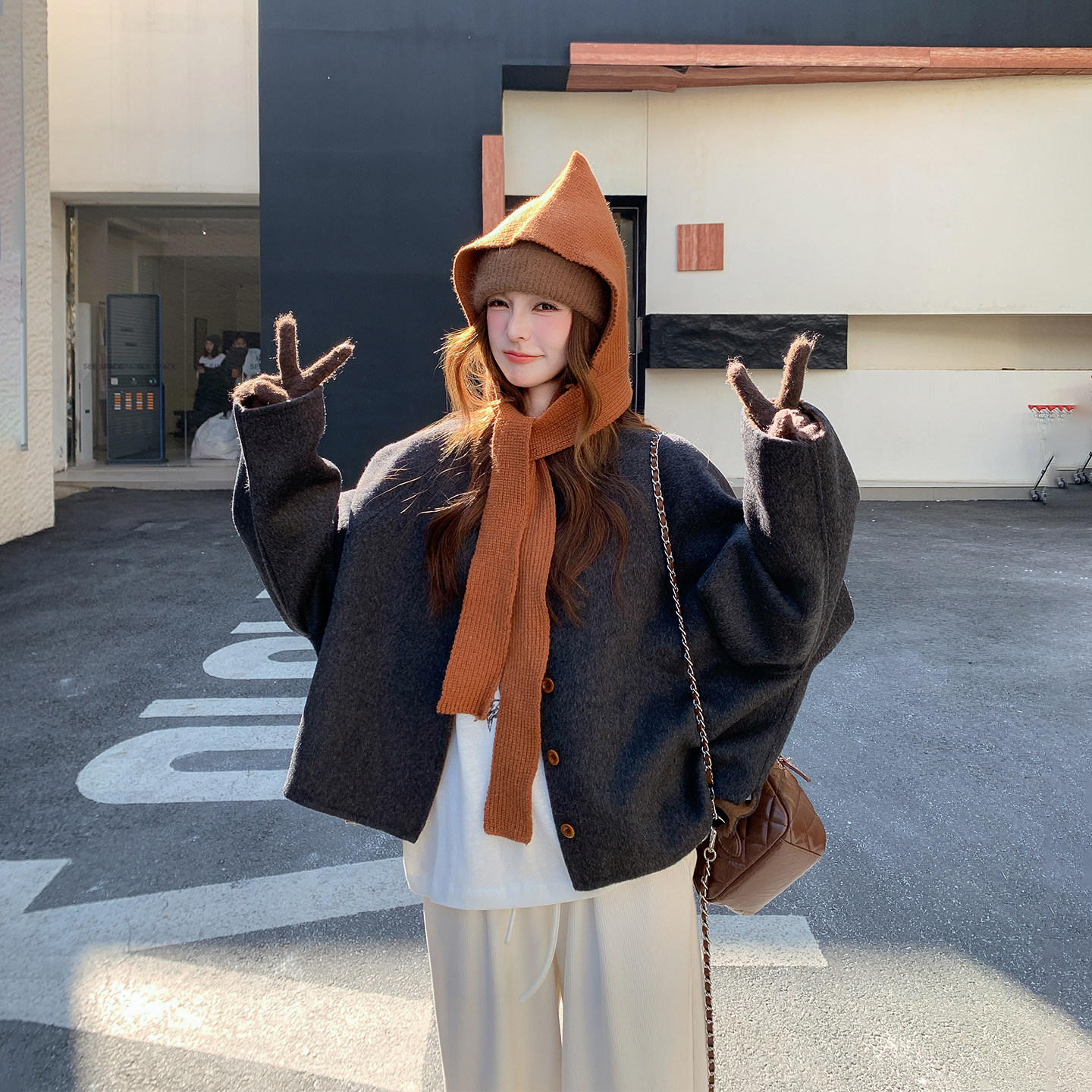 深灰色圆领双面呢羊毛外套女冬季2025新款小个子气质百搭短款大衣