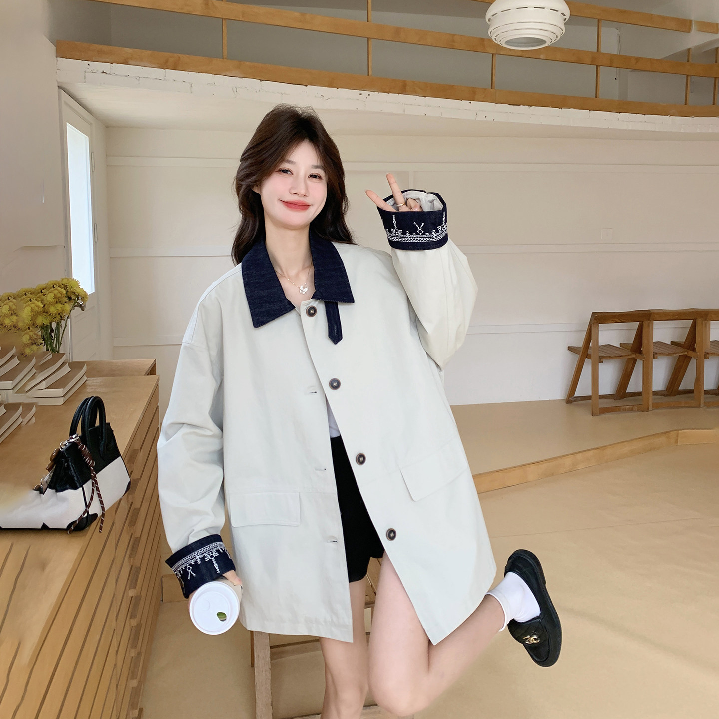 韩系休闲撞色翻领风衣外套女春季2026新款中长款大衣百搭流行爆款