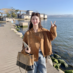 甜酷风咖色麂皮绒短款外套女春季2026新款小个子爆款超火减龄夹克