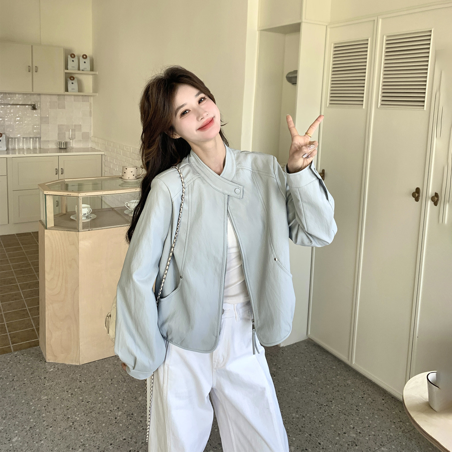 甜酷风立领蓝色短款皮衣外套女春季2026新款小个子超好看PU皮夹克