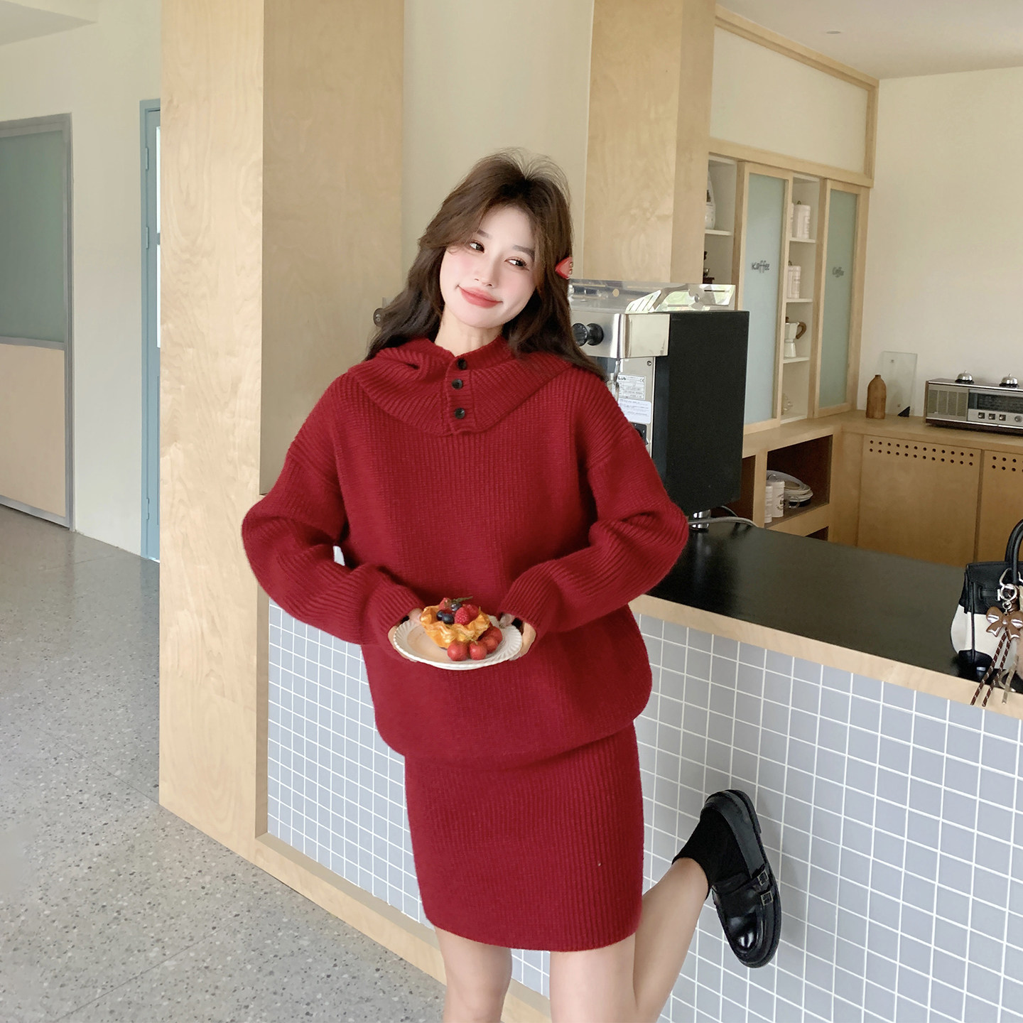 甜美针织连帽红色毛衣短裙套装女春季2026新款小个子氛围感两件套