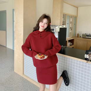 甜美针织连帽红色毛衣短裙套装女春季2026新款小个子氛围感两件套