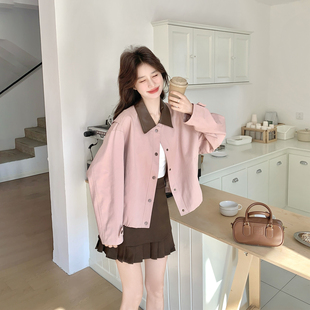 PU皮翻领休闲奶呼呼粉色短外套女春季2026新款小个子复古超火夹克