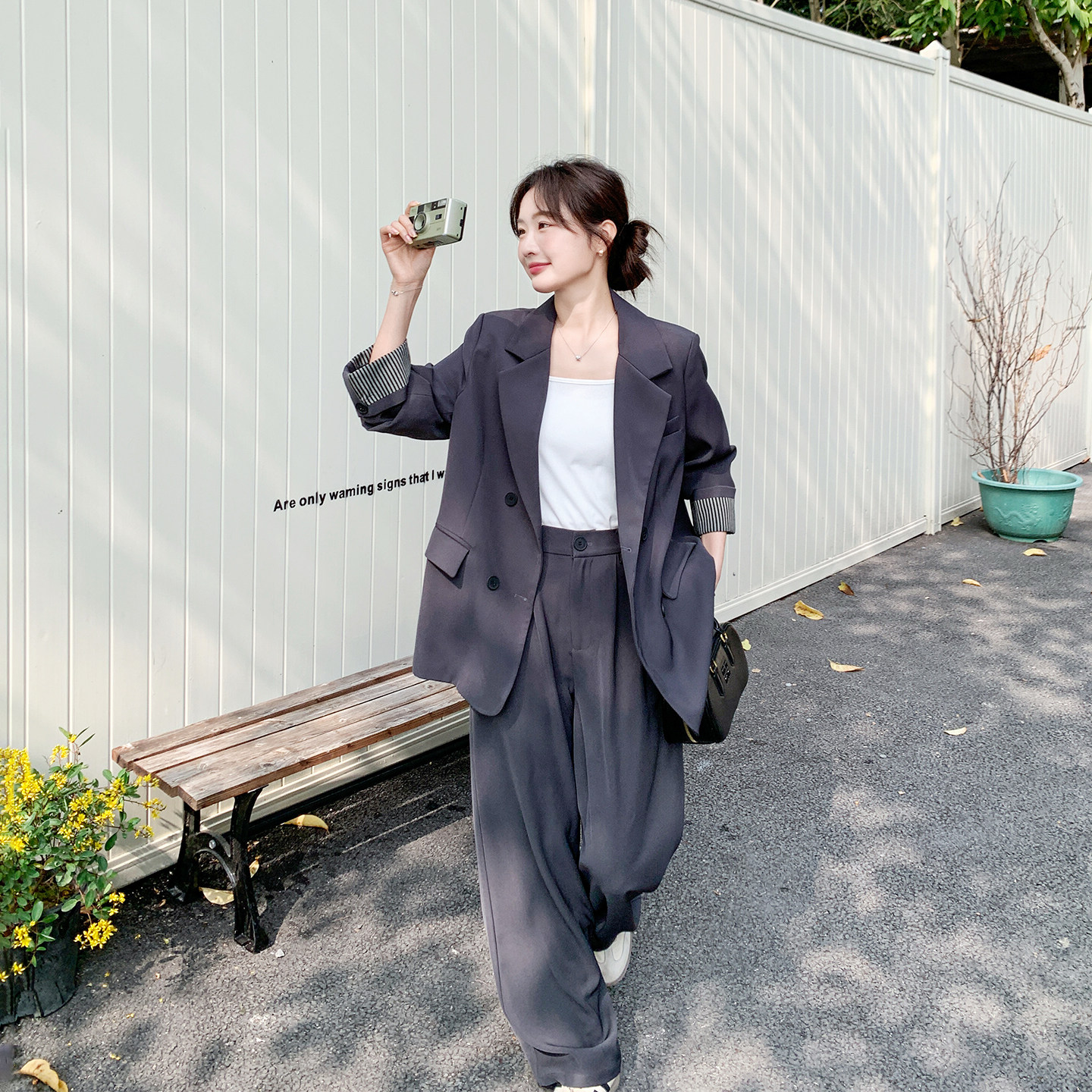 设计感超火灰色西装外套阔腿裤套装女春季2026新款高端大气两件套