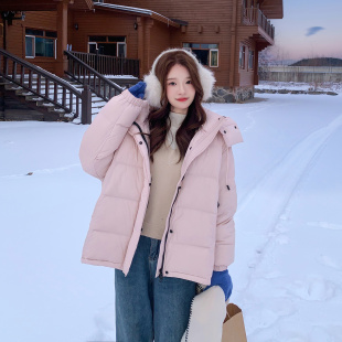 粉色韩版时尚连帽宽松慵懒风羽绒服女冬季2025新款百搭超好看外套