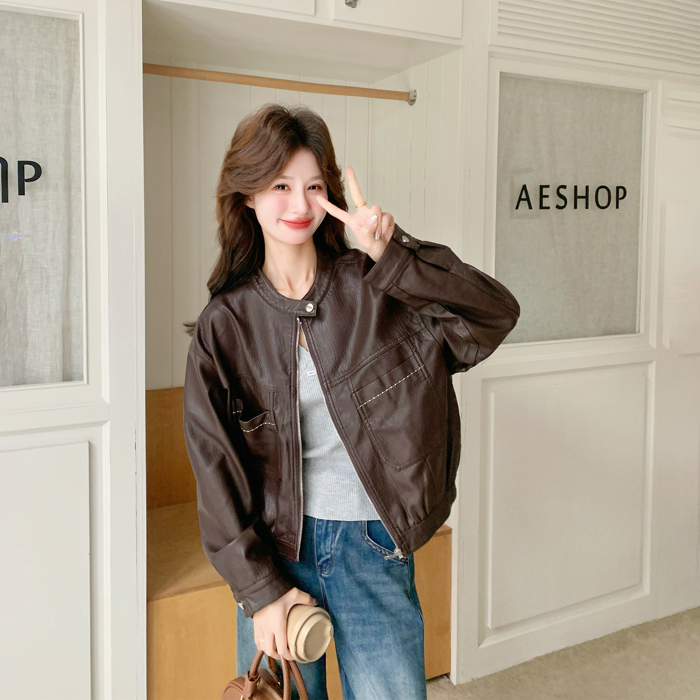 美式复古咖色立领皮衣外套女春季2026新款机车服PU夹克小个子爆款