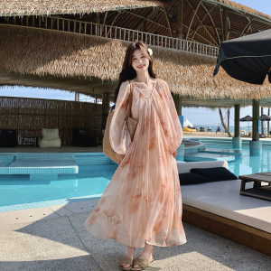 法式浪漫晕染V领甜美连衣裙女夏