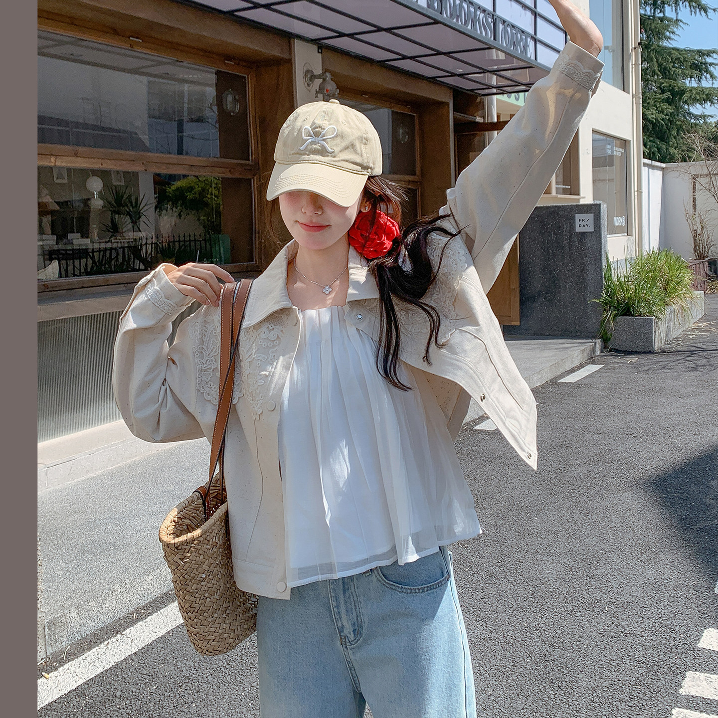 钩花工装杏色牛仔外套女春季2026新款小个子短款韩里韩气夹克上衣,女装/女士精品,短外套,淘宝优惠券,粉丝福利购,淘宝优惠卷