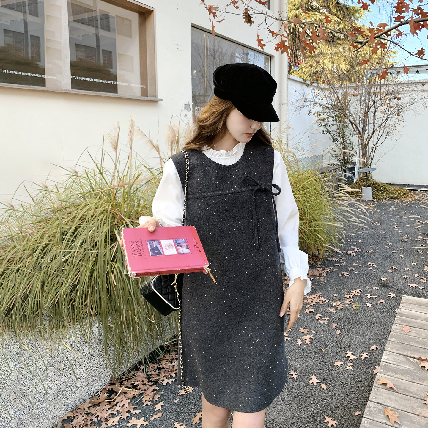 小香风深灰色烫钻毛呢背心连衣裙套装女春季2026新款小个子两件套