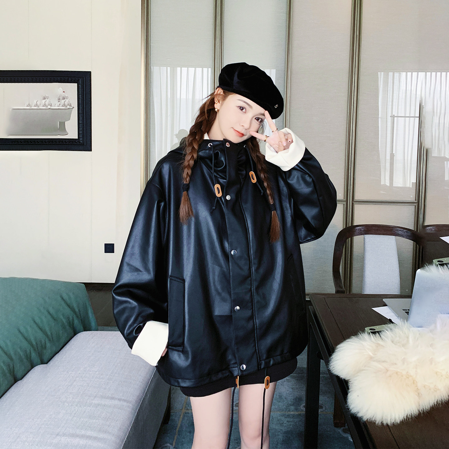 甜酷风超火复古连帽黑色皮衣外套女春季2026新款学院风PU夹克百搭