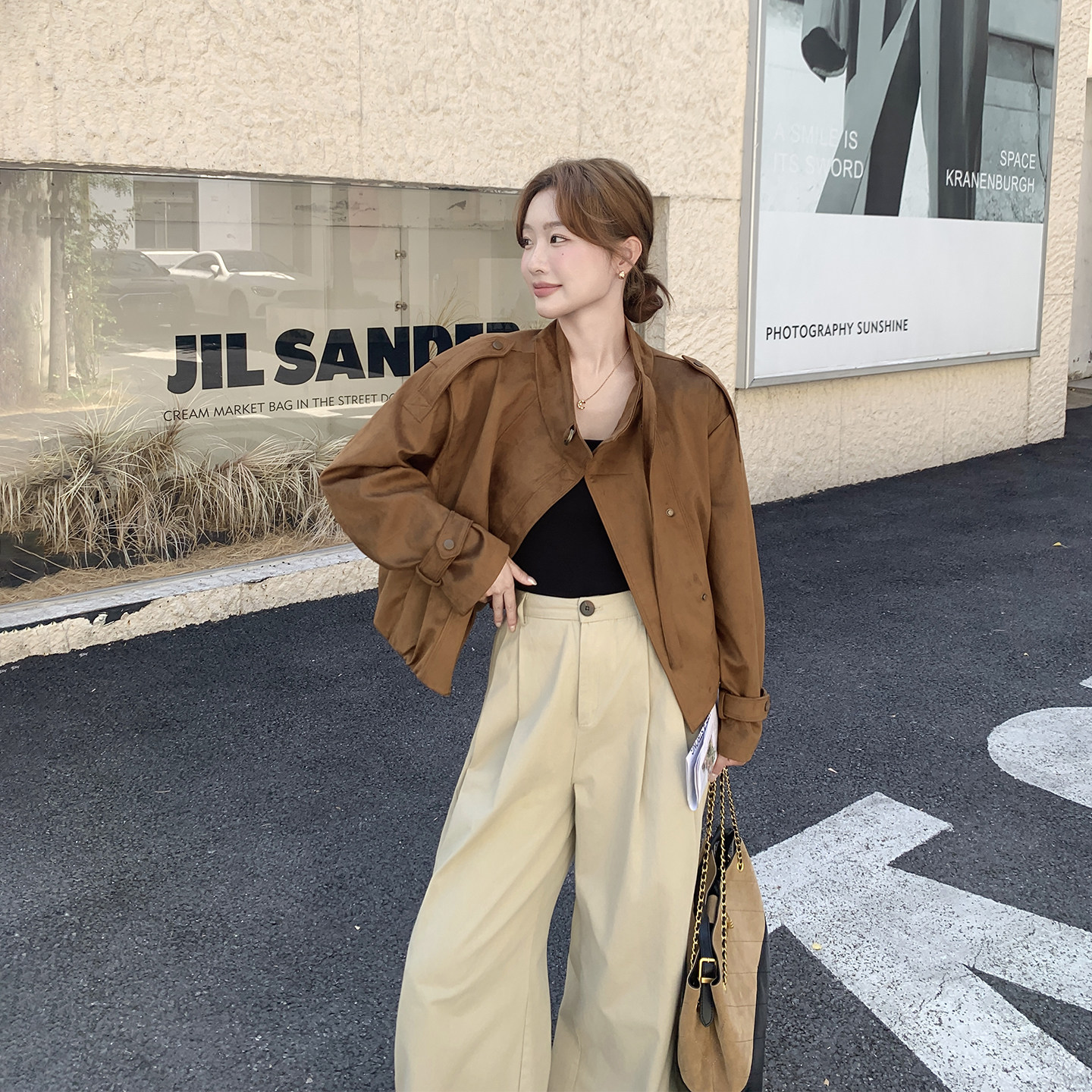 立领麂皮绒短款棕色外套女春季2026新款小个子爆款高级感夹克上衣