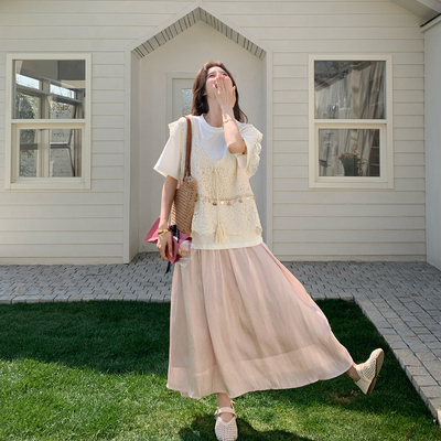 度假风甜美蕾丝背心T恤套装女夏