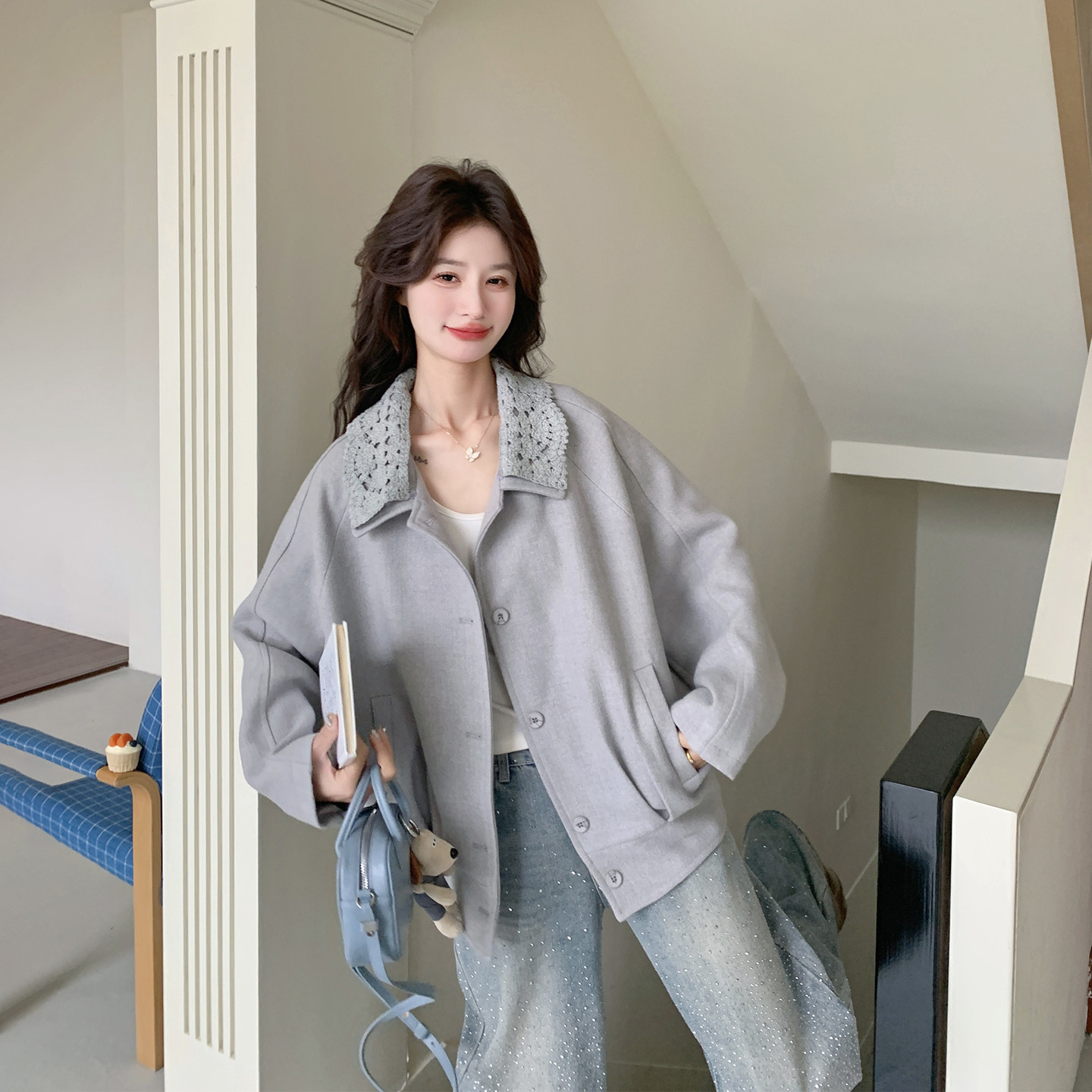 超好看蕾丝翻领灰色外套女春季2026新款今年流行爆款洋气甜美夹克