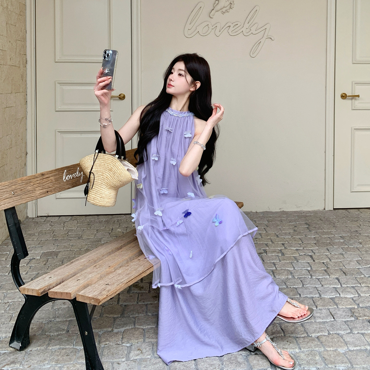 雾紫色立体蝴蝶挂脖吊带连衣裙女