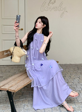 雾紫色立体蝴蝶挂脖吊带连衣裙女