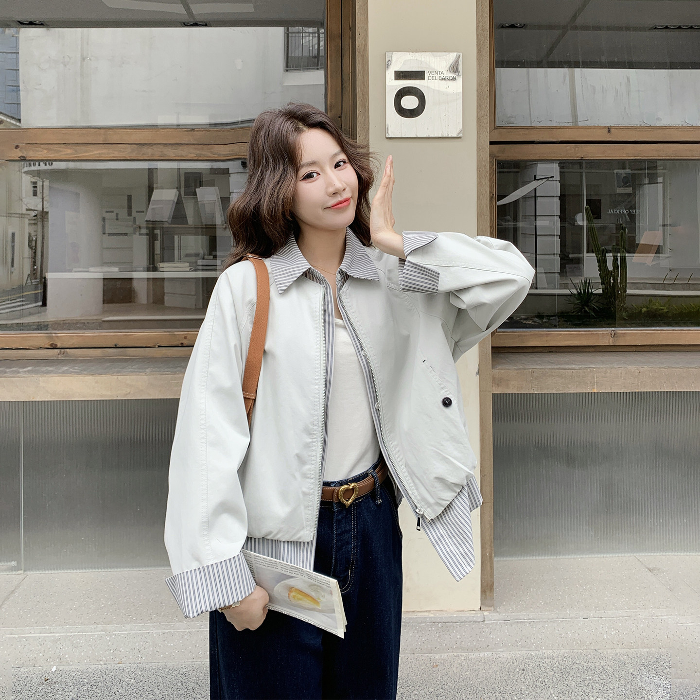 假两件条纹拼接翻领风衣外套女春季2026新款短款小个子巨好看上衣